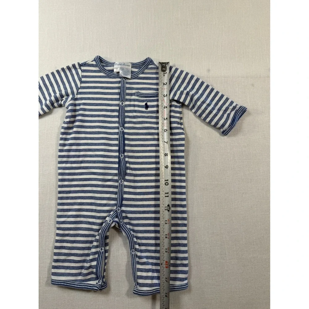 Ralph Lauren Baby Boys Blue White Striped Long Sleeve Cotton Romper 6M